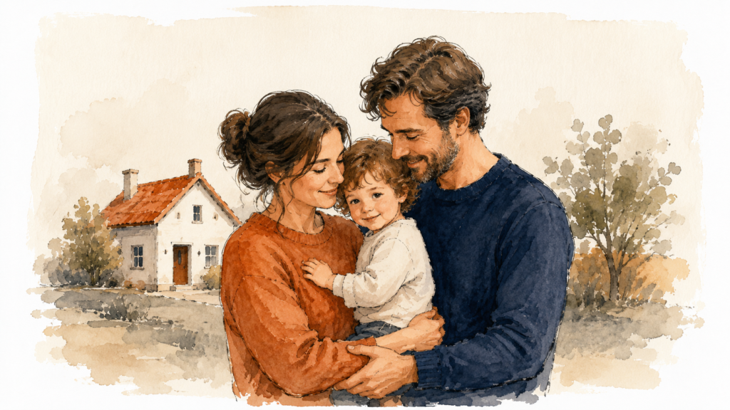Two parents holding a young child with a small house in the background