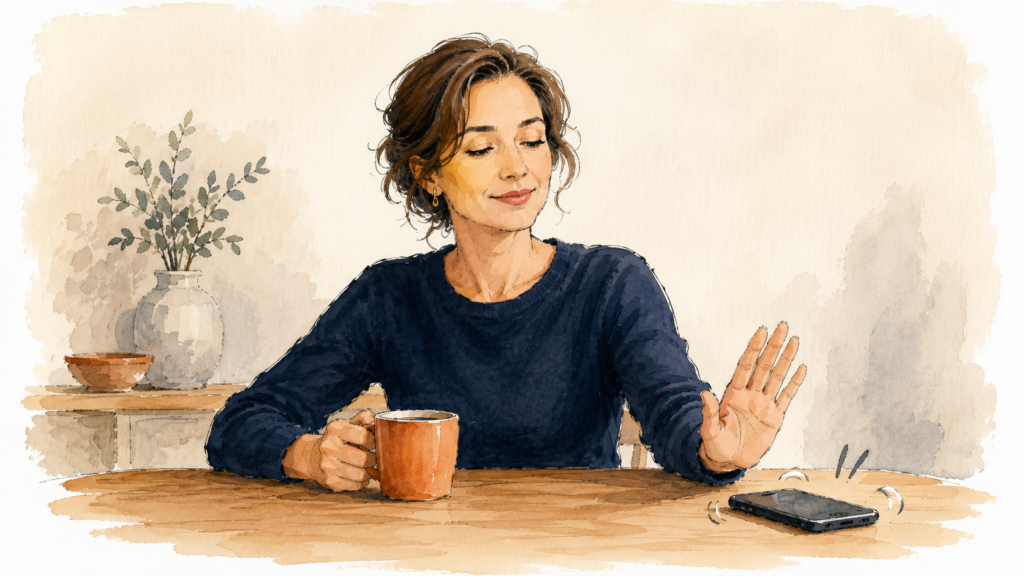 A calm person at a table raising a hand toward a ringing phone