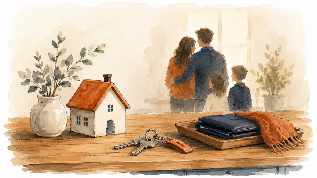 A house figurine, keys, and a few belongings on a table with a family in the background