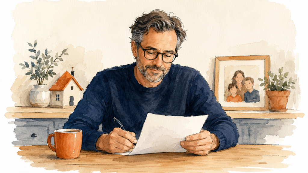 A person at a kitchen table reviewing a document with a pen, deciding whether to write a will