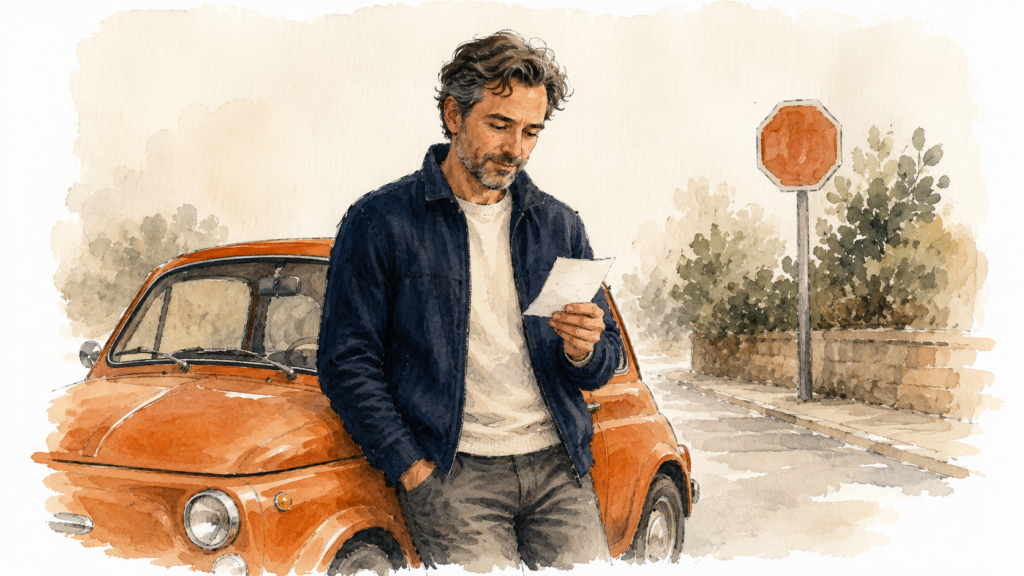 A person beside a car looking at a traffic ticket near a stop sign