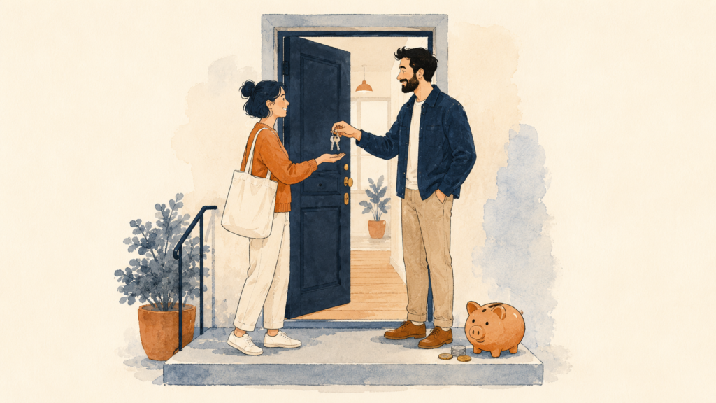 A tenant and landlord exchanging keys at a doorway with a piggy bank