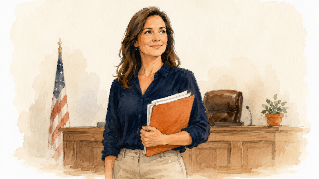 A confident person holding a folder of papers in front of a courtroom bench
