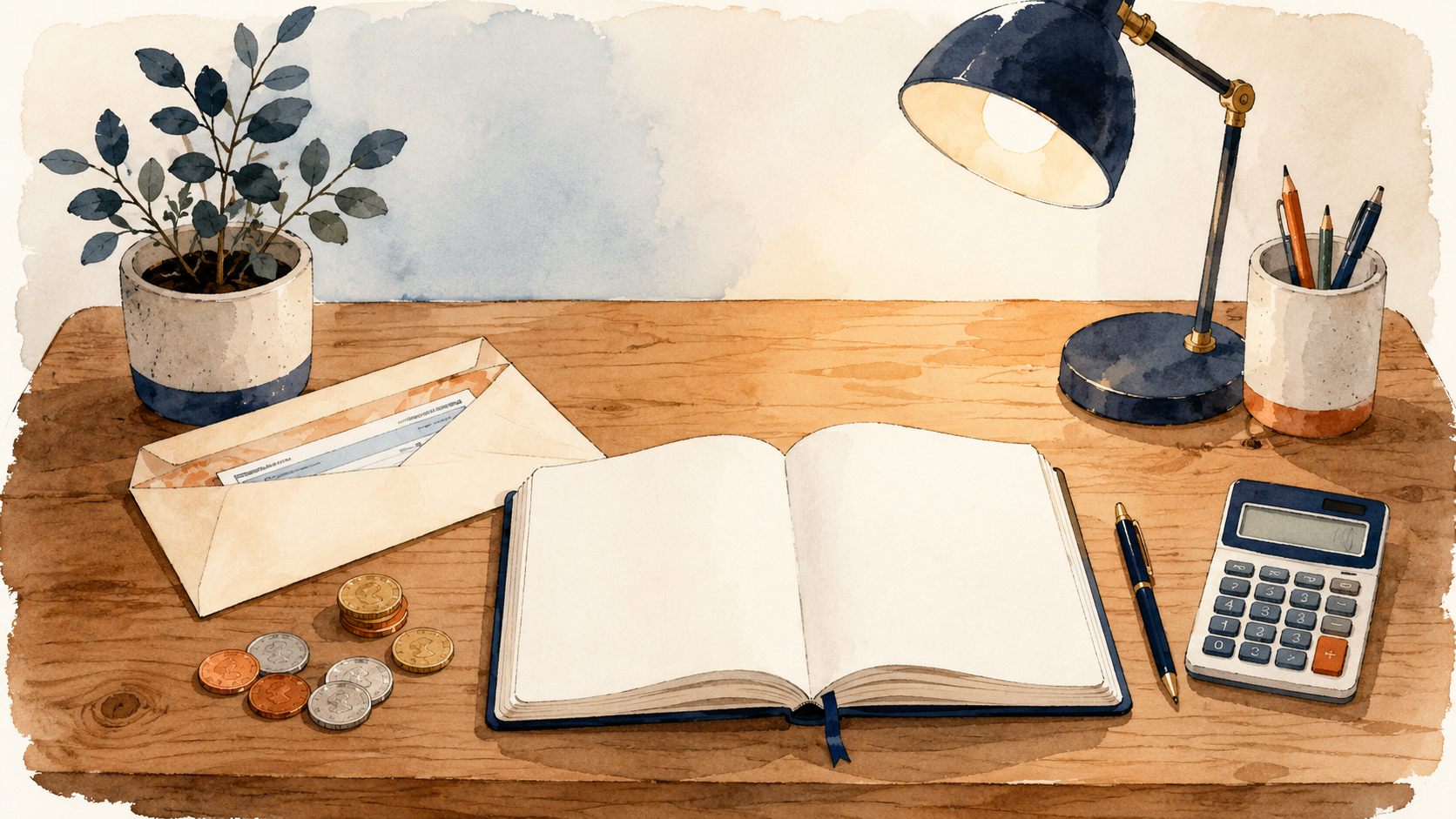 Soft watercolor illustration of a desk with a pay envelope, coins, a calculator, and a blank notebook, representing counting income for child support