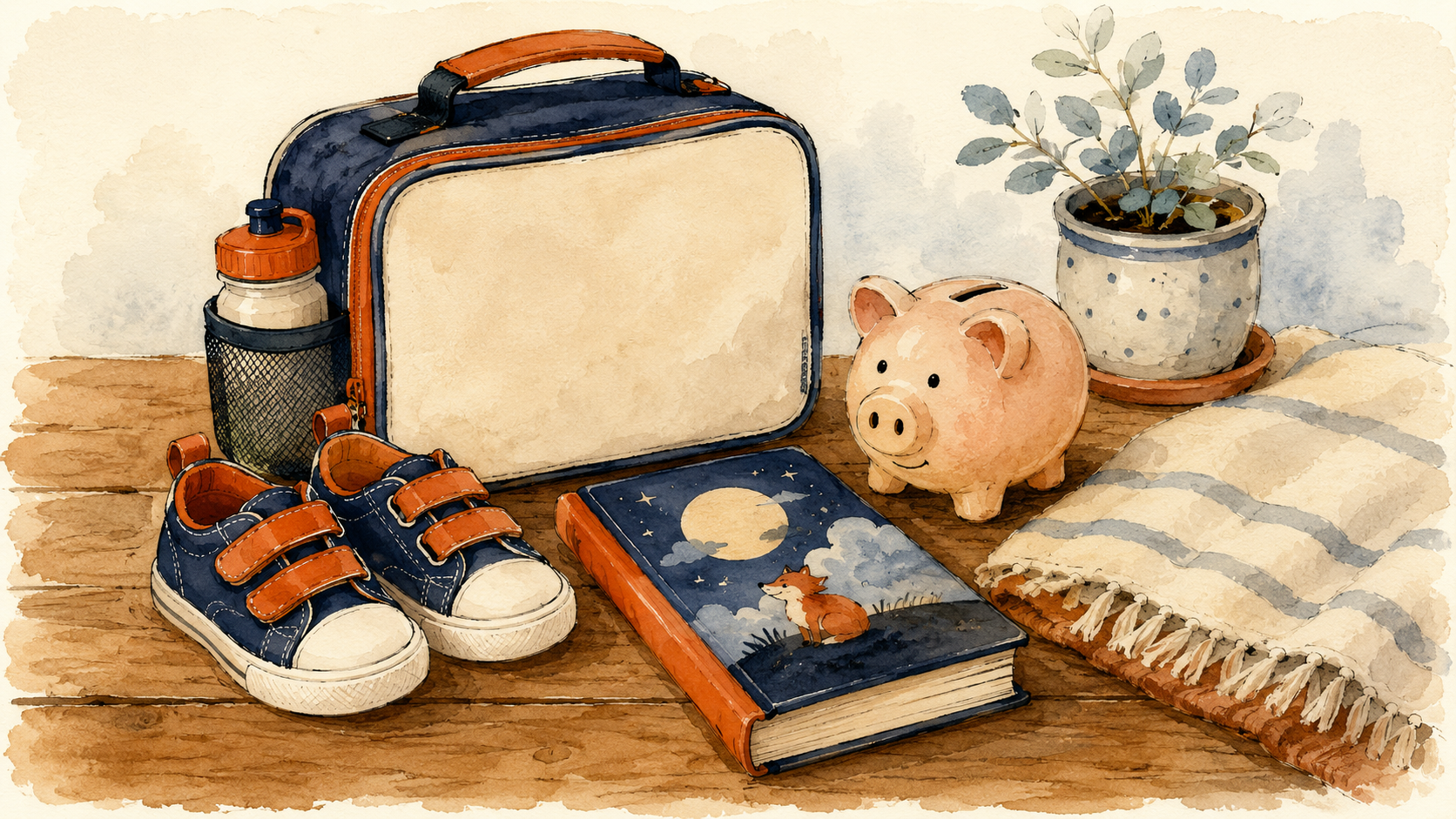 Soft watercolor still life of a child everyday needs, a lunchbox, small shoes, a storybook, and a piggy bank, representing what child support covers