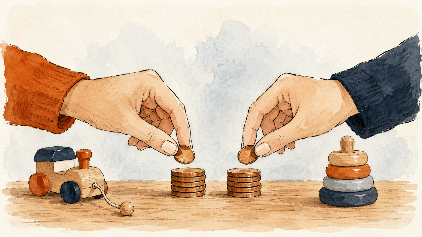 Soft watercolor illustration of two hands dividing coins into two equal stacks beside toys, representing two parents sharing the cost of a child