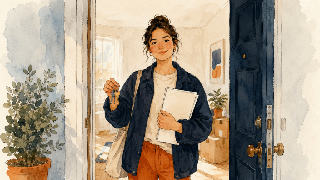 A person standing in an apartment doorway holding a lease and keys with moving boxes behind them