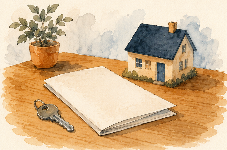 A folded lease document, a house model, and a key on a desk