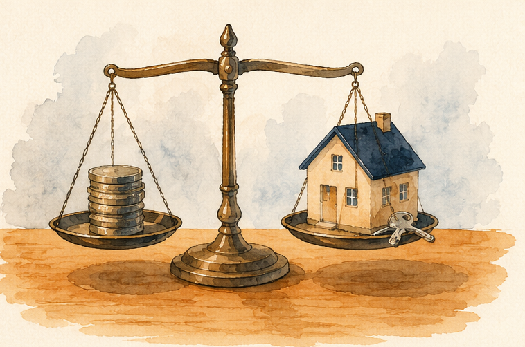A balance scale weighing a stack of coins against a small house and key