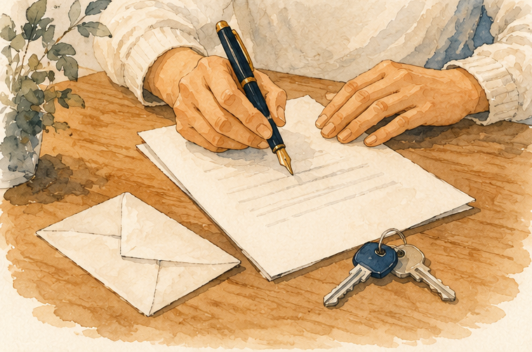 Hands writing a notice letter with a pen beside an envelope and keys