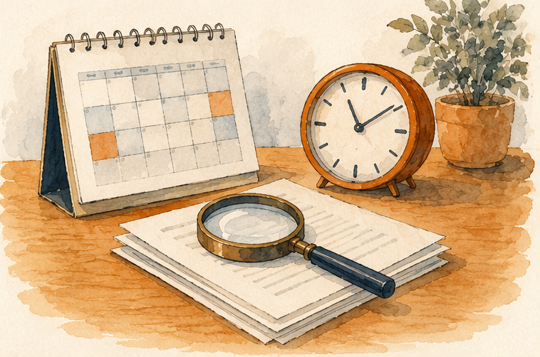 A desk calendar, a clock, and a magnifying glass on a stack of papers