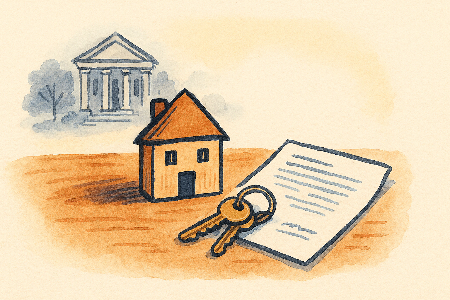 A house model with keys and a folded court document, a small courthouse behind