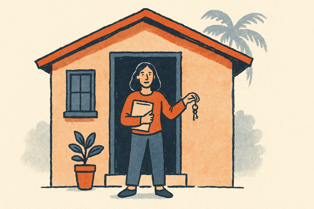 A calm California renter standing in a cozy home doorway holding papers and keys