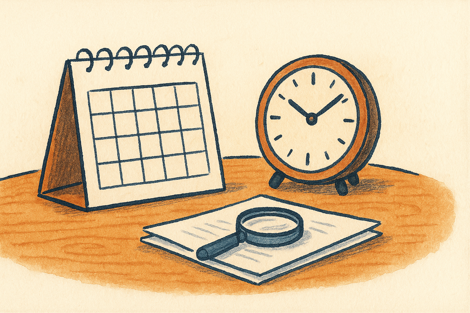 A desk calendar beside a clock and a magnifying glass on papers