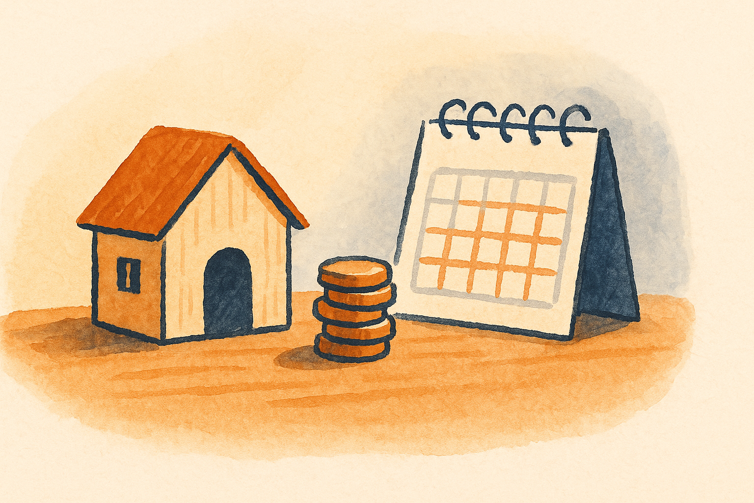 A small house model beside a stack of coins and a calendar
