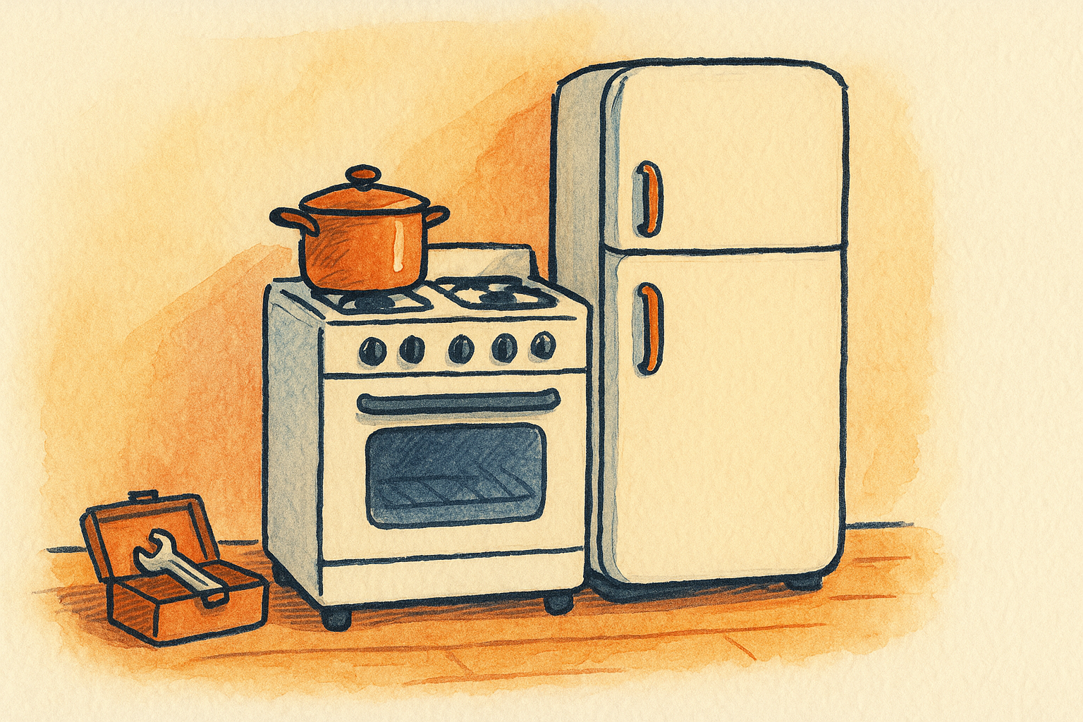 A cozy kitchen with a stove, a refrigerator, and a small toolbox