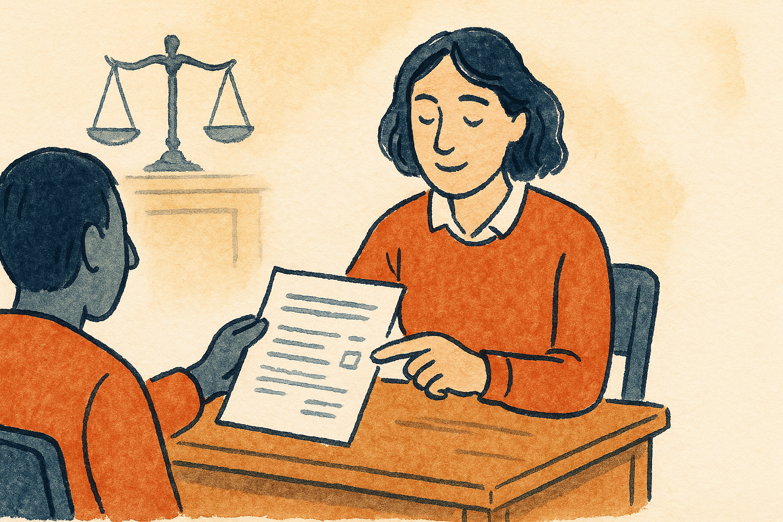 A person reviewing a form with another at a small courtroom table, a debtor's examination about income and assets