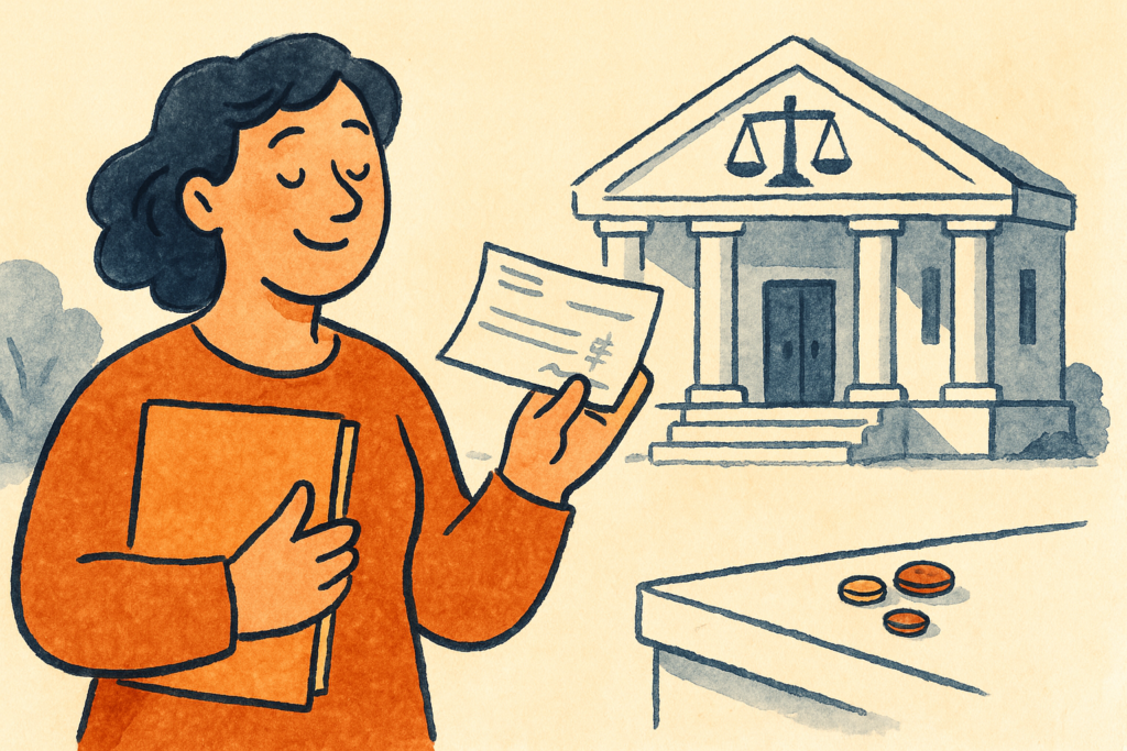 A person outside a courthouse holding papers and an envelope with a check, collecting money after winning a case