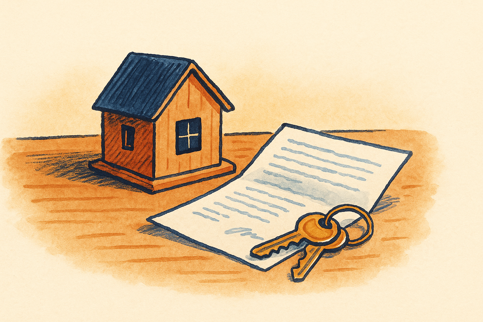 A small house model with a folded document and keys, a lien attached to a property