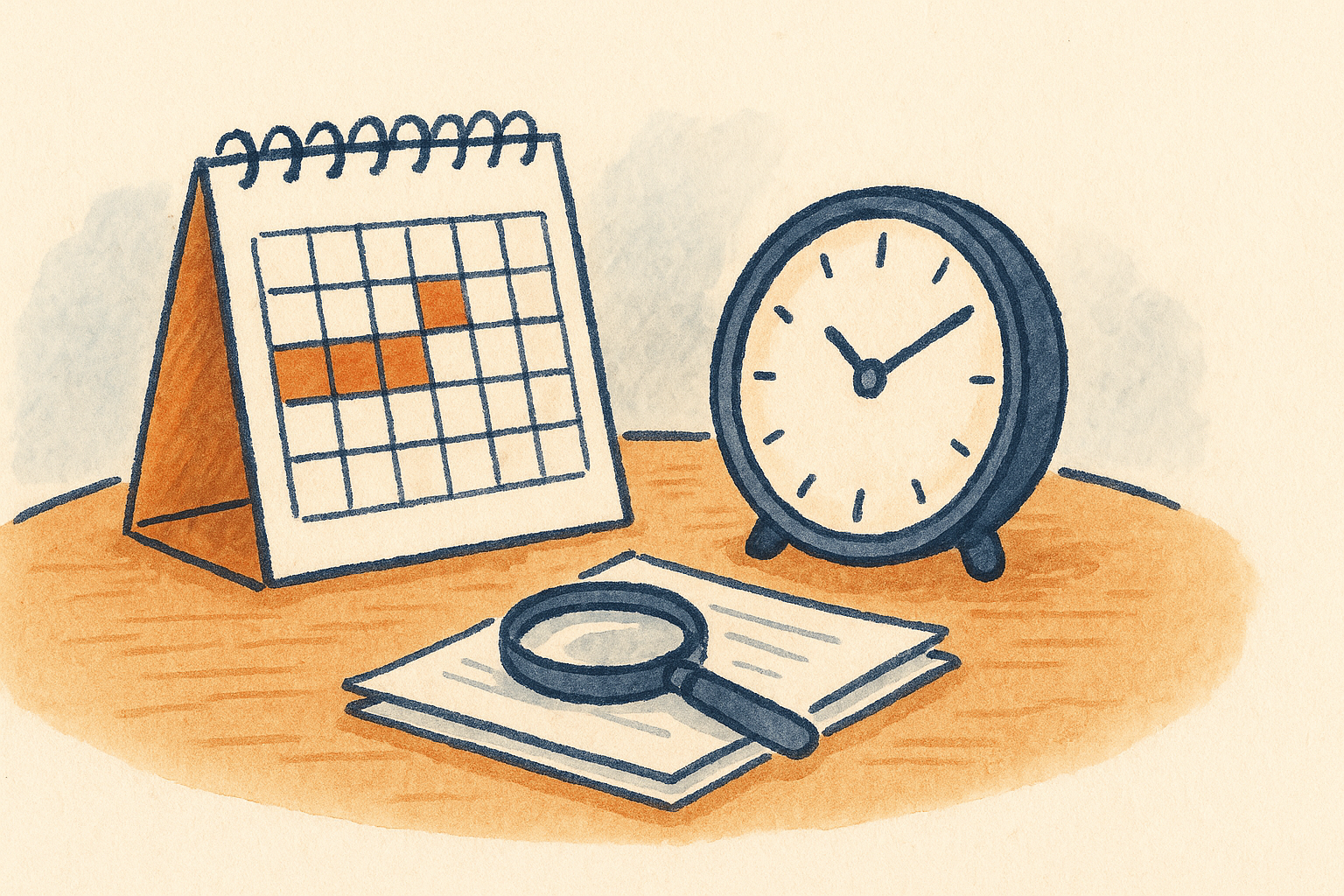 A desk calendar, clock, and magnifying glass on a stack of papers, suggesting deadlines and checking details