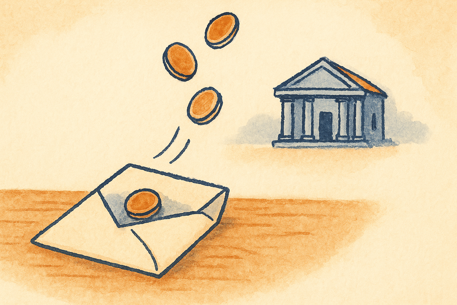 A pay envelope with coins lifting toward a small bank building, collecting from wages and a bank account