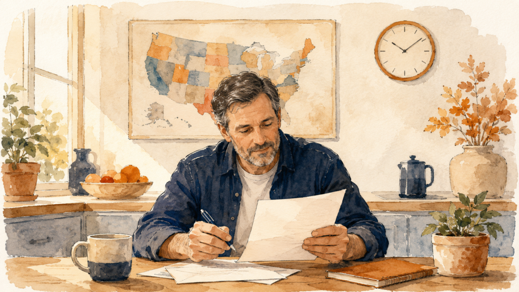 A person calmly reviewing an official letter at a kitchen table with a US map and clock behind