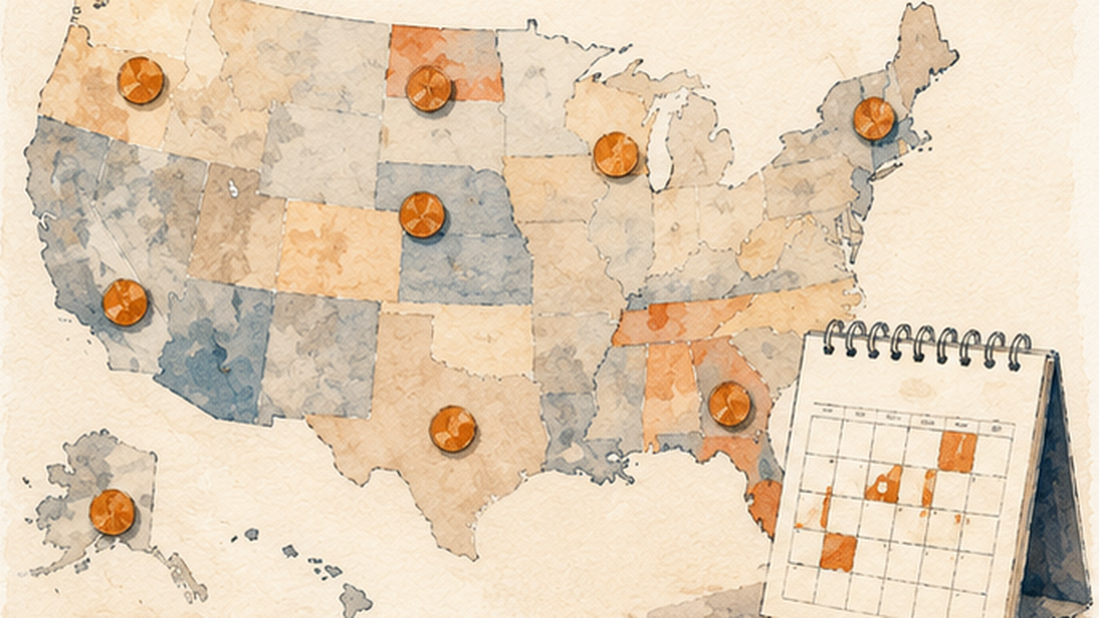 A stylized map of the United States with coins and a calendar, showing deadlines vary by state