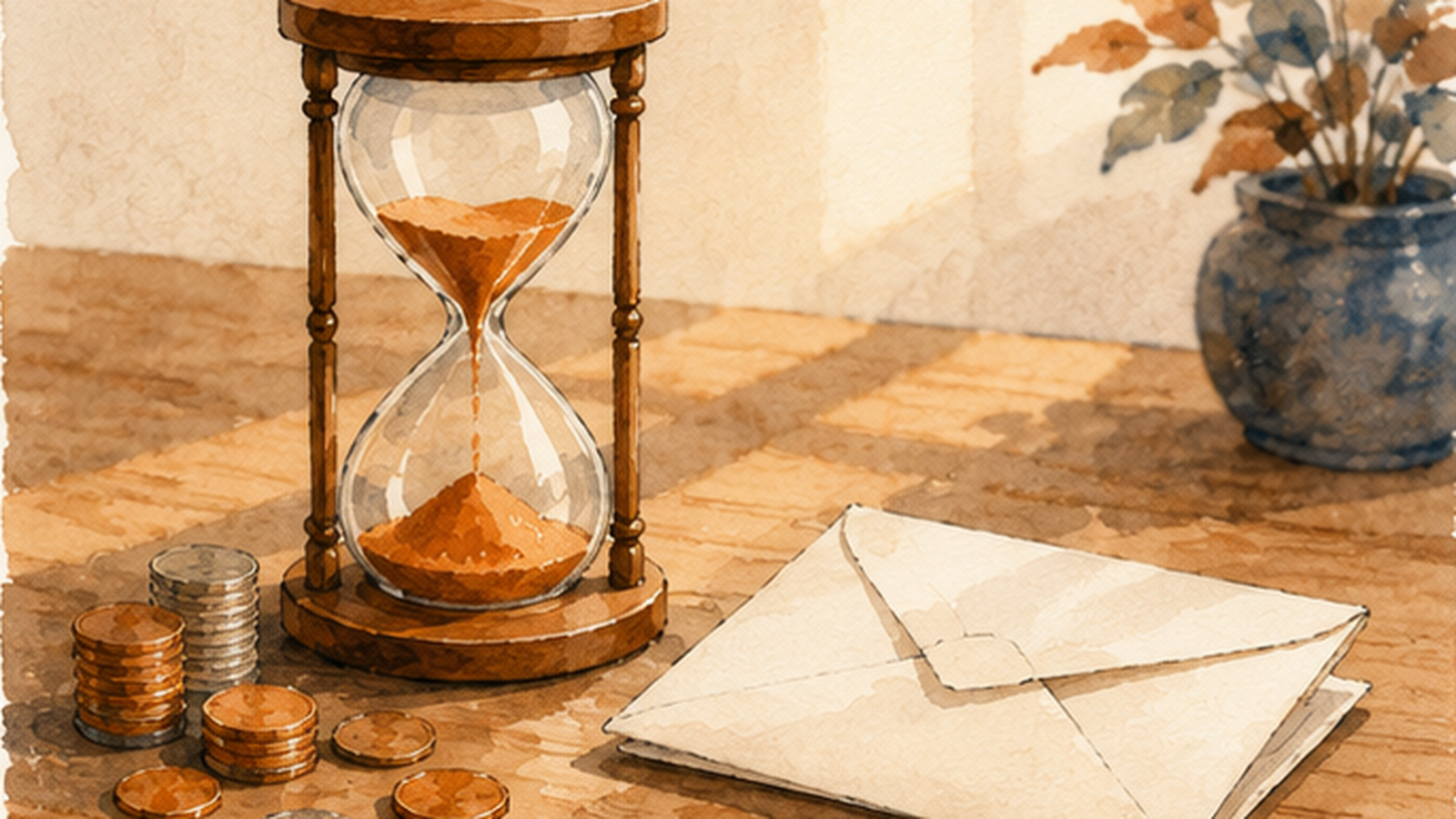 An hourglass beside a small stack of coins and an unopened letter on a wooden desk