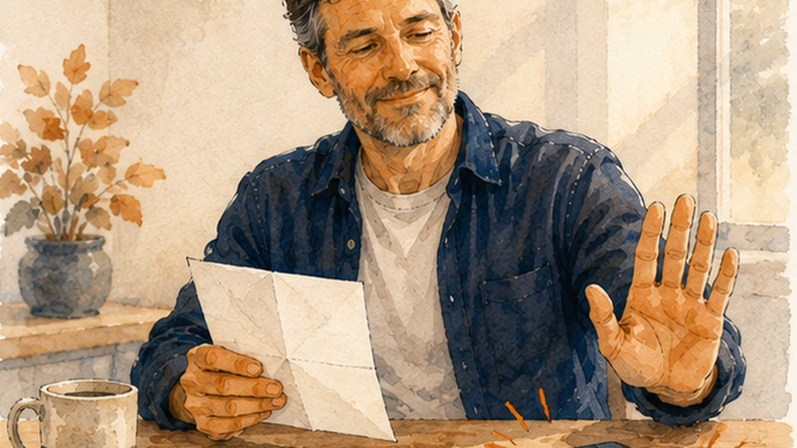 A calm person raising an open hand toward a ringing phone while holding a folded letter