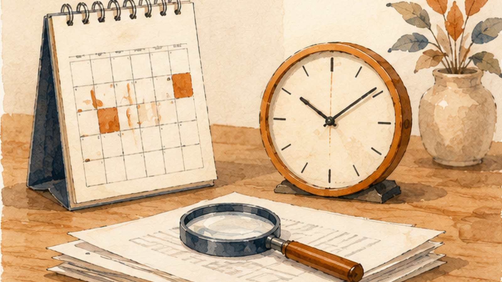 A desk calendar, a round clock, and a magnifying glass resting on a stack of papers