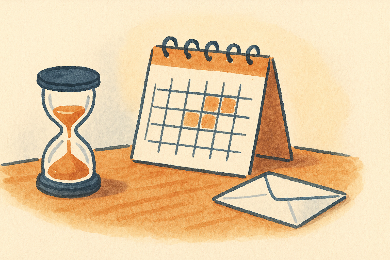 An hourglass, a desk calendar and a folded letter on a wooden desk