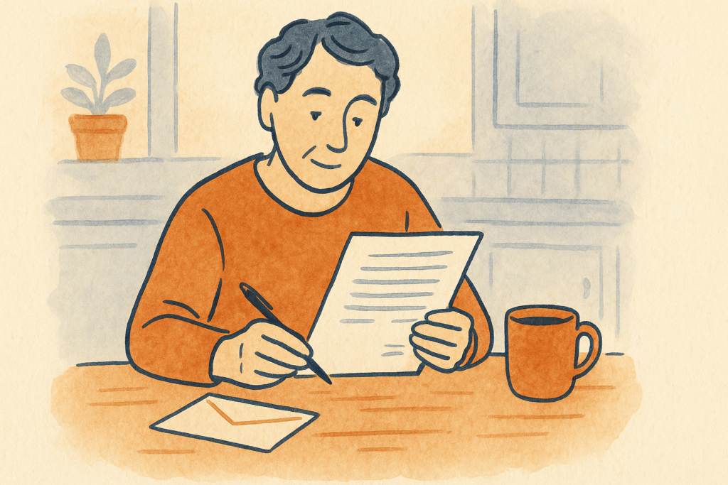 A person at a kitchen table reviewing a collection letter with a pen and envelope