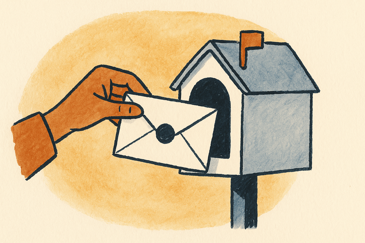 A hand placing a sealed envelope into a home mailbox