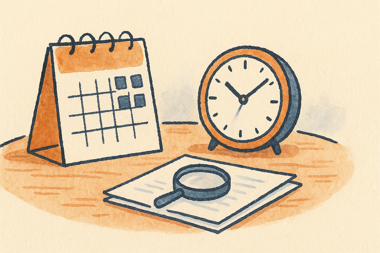 A desk calendar, a clock and a magnifying glass on a stack of papers