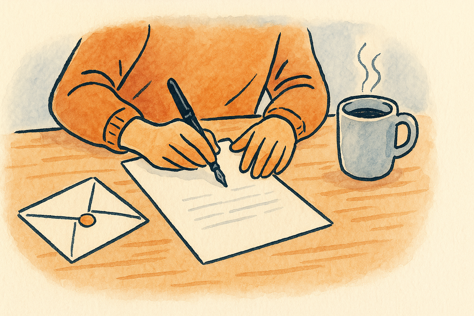 Hands writing a letter with a fountain pen beside an envelope and a mug