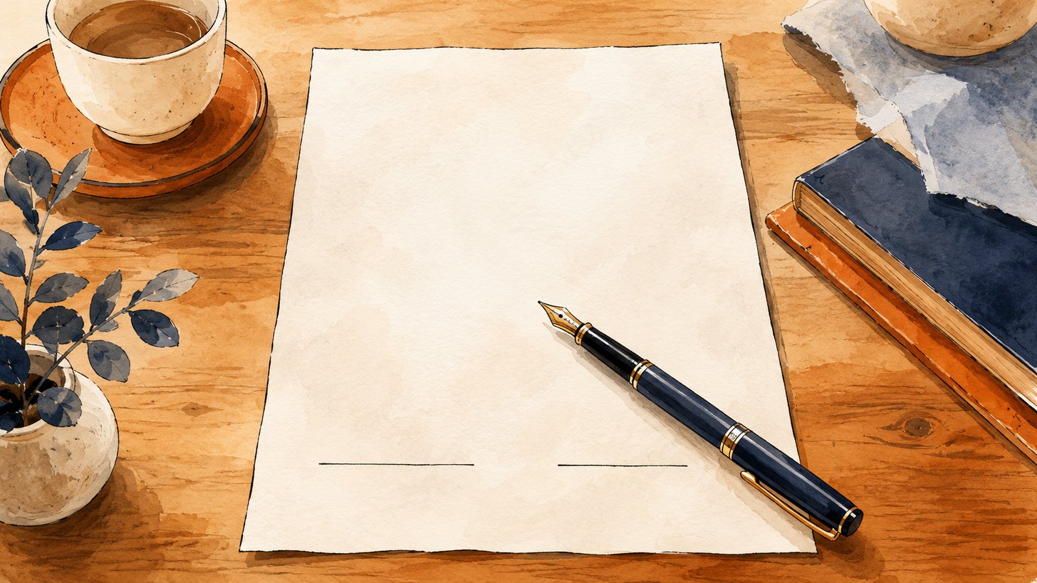 A blank document with two signature lines and a fountain pen on a wooden desk