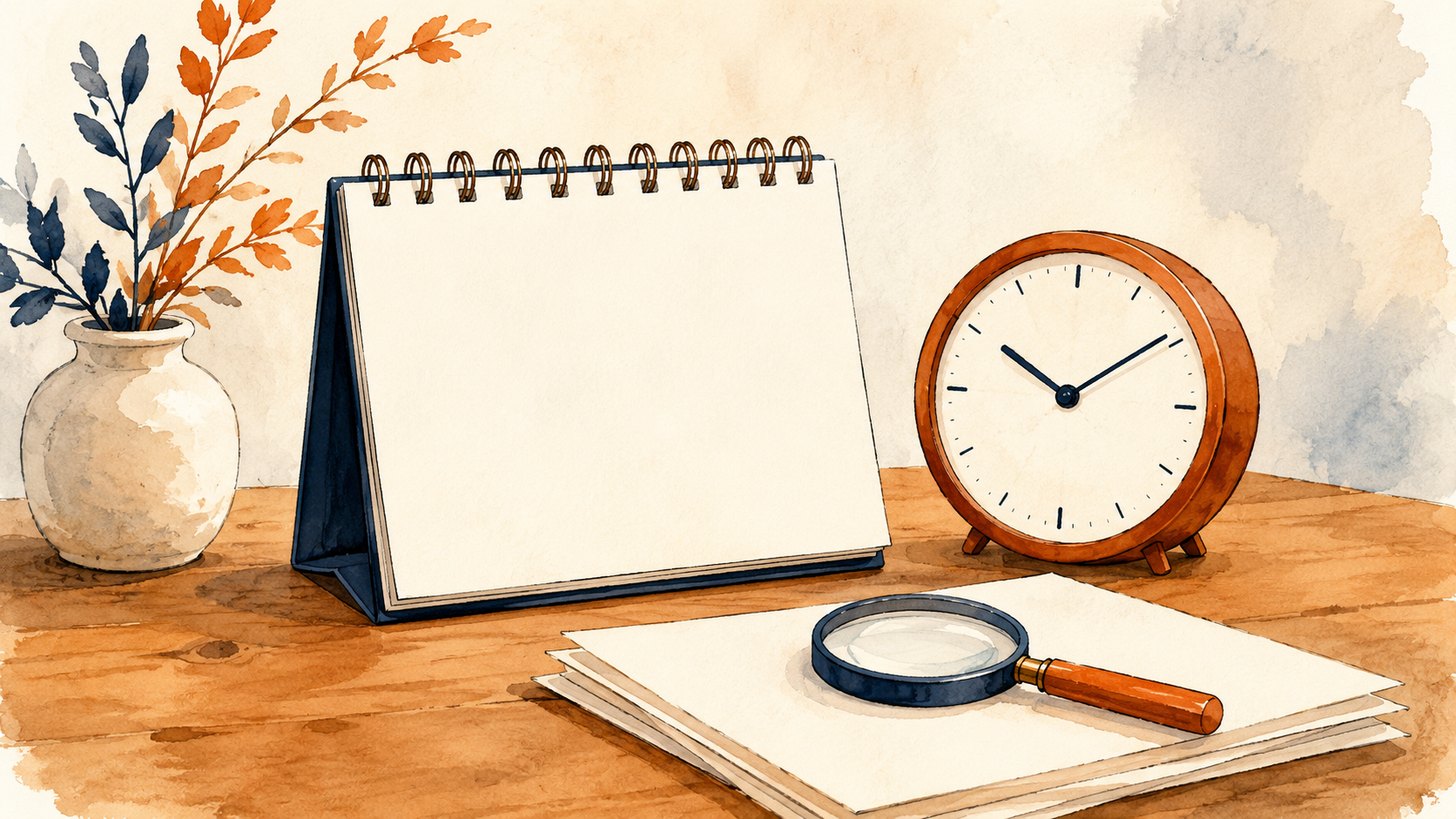 A blank desk calendar beside a round clock and a magnifying glass on a stack of papers