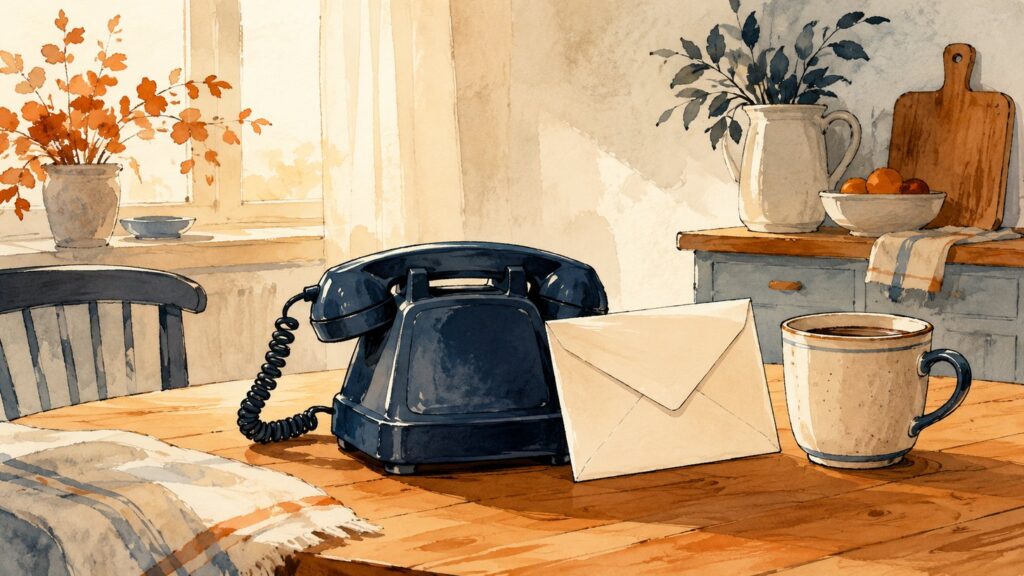 A desk telephone, a sealed envelope and a coffee mug on a kitchen table