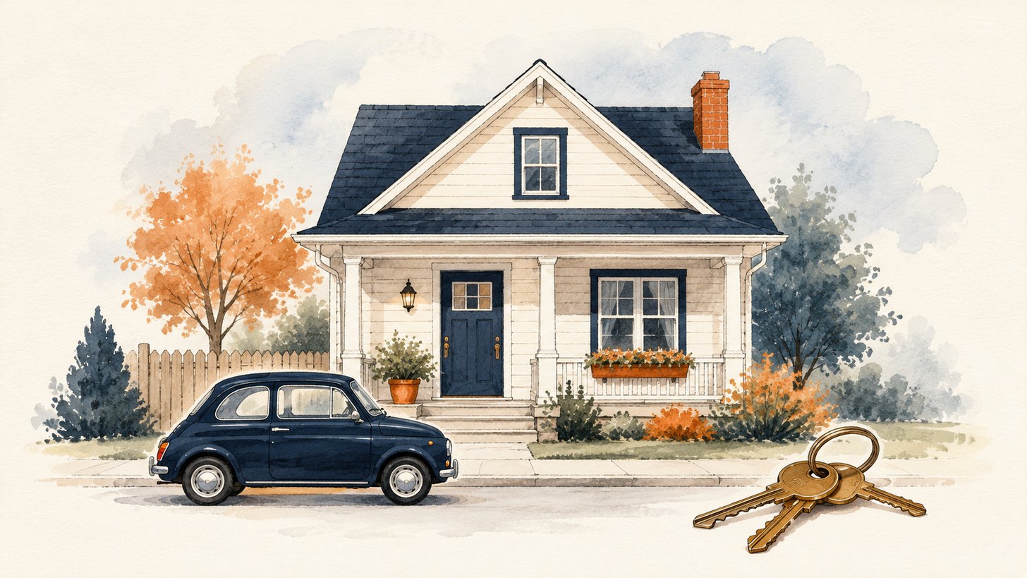 A small house with a car parked in front and a set of keys nearby