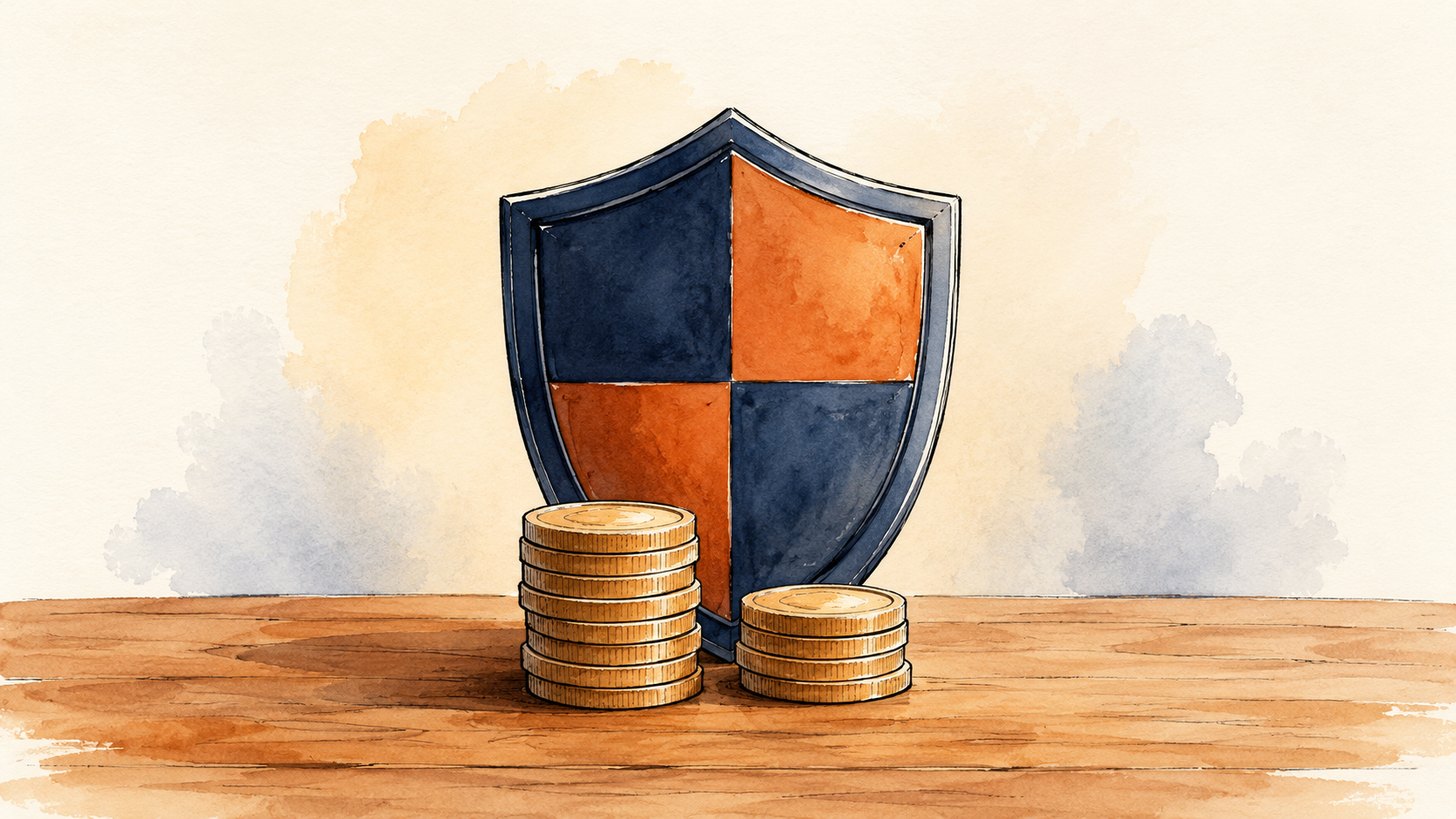 A shield standing behind two stacks of gold coins on a wooden table