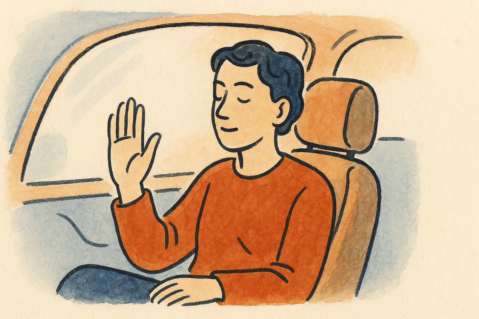 A calm person in a car raising an open hand