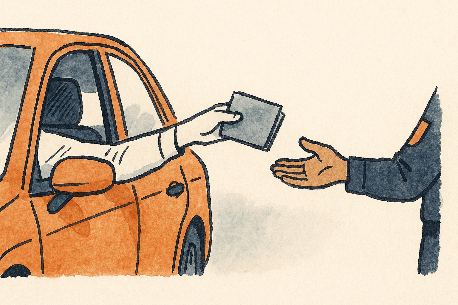 A hand passing a license folder through a car window to an officer