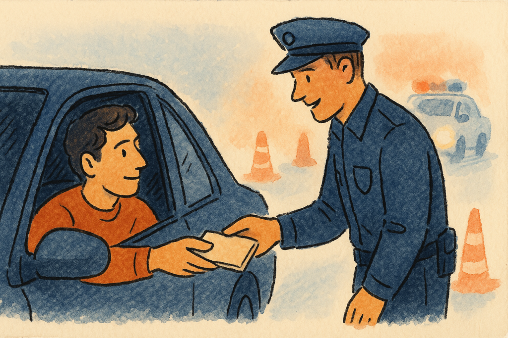 A calm driver handing documents to a friendly officer at a nighttime sobriety checkpoint