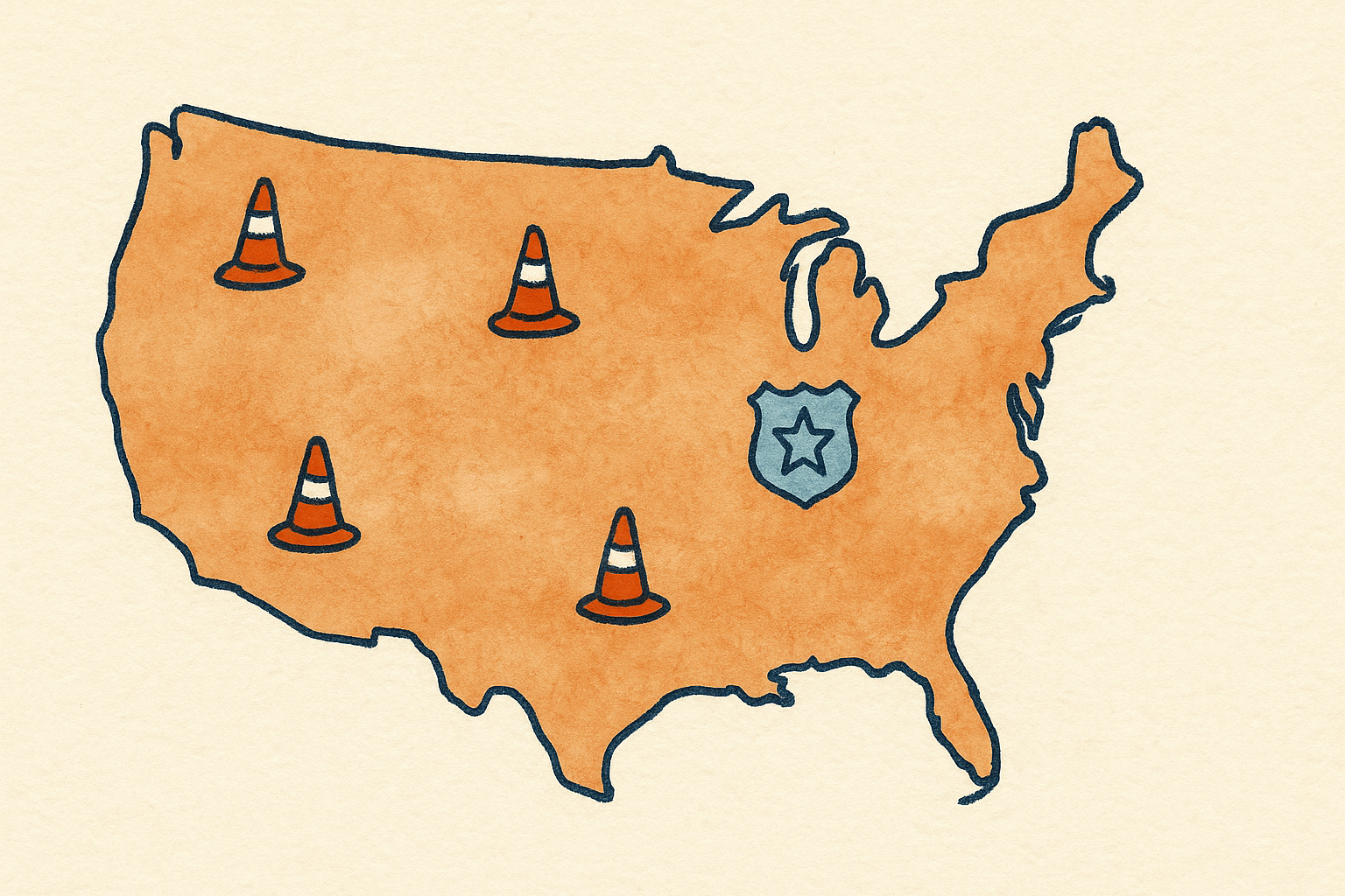 A stylized US map with small traffic cones and a badge