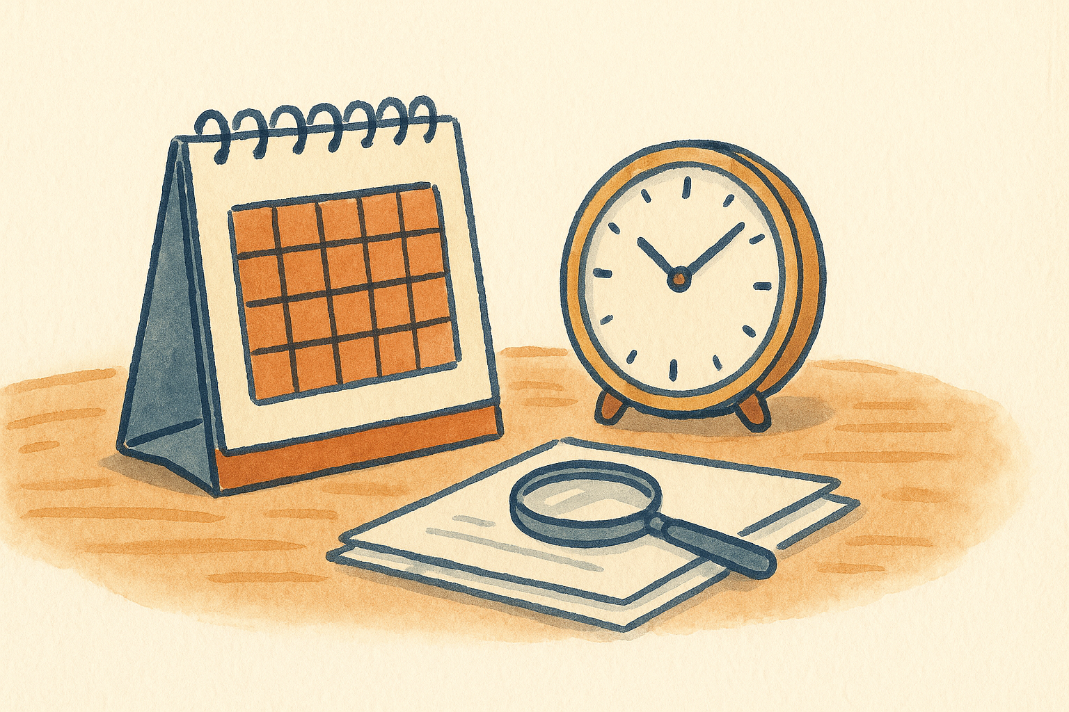 A calendar, clock and magnifying glass on a table