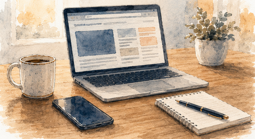 A laptop, phone, and notepad on a desk for looking up free legal help
