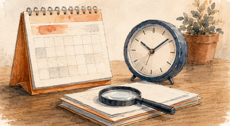 A calendar, clock, and magnifying glass over papers, suggesting deadlines