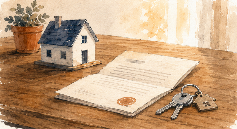 A small house, an open notice letter, and a set of keys on a desk