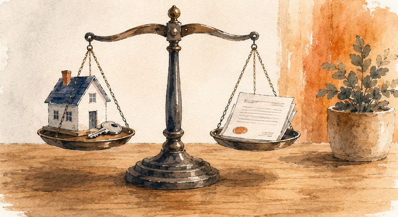 A balance scale weighing a small house and key against a legal document