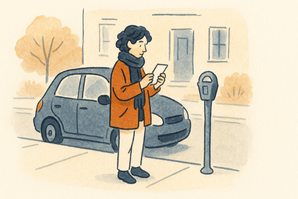 A person beside a parked car reviewing a parking ticket on a quiet street